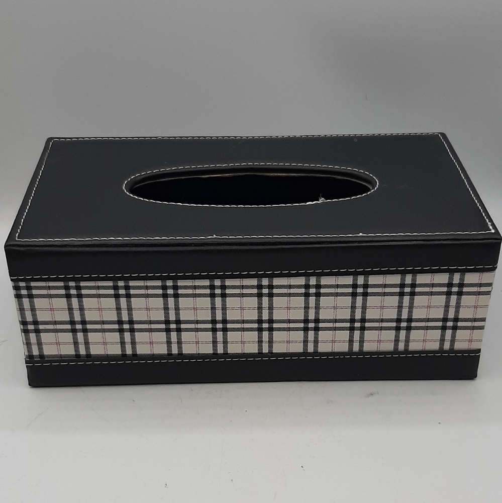 Vintage Bombay Wooden Carved Tissue Box Holder Vegan Leather Checkered